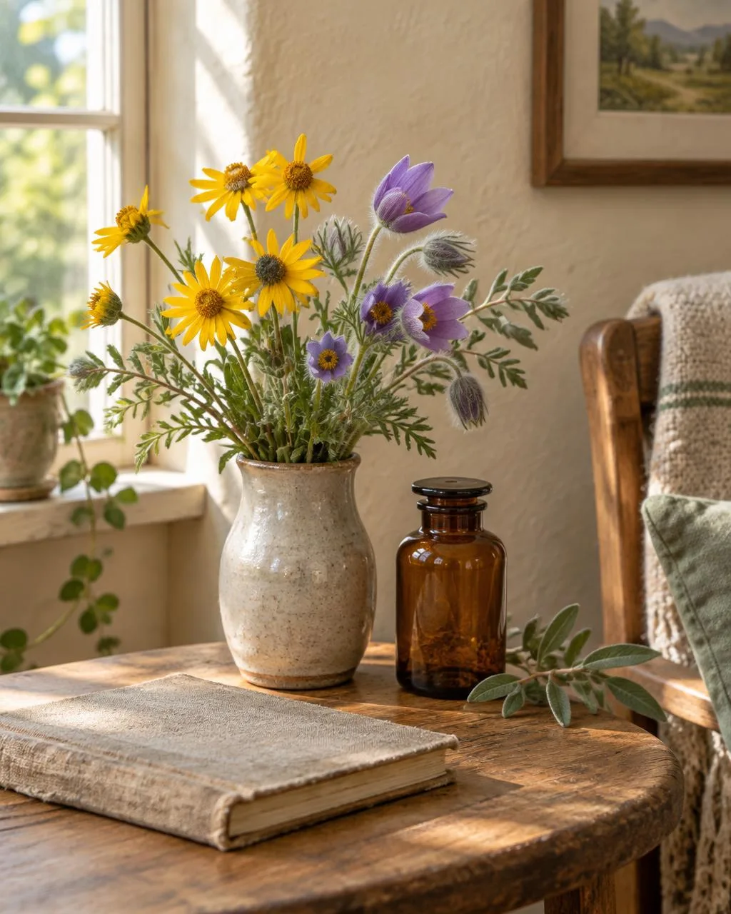 Arnica and pulsatilla flowers beside a homeopathy remedy bottle in a welcoming room
