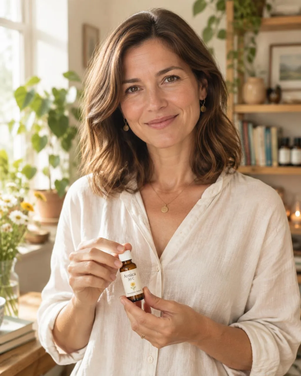 Victoria Wright holding a homeopathy remedy bottle in her home